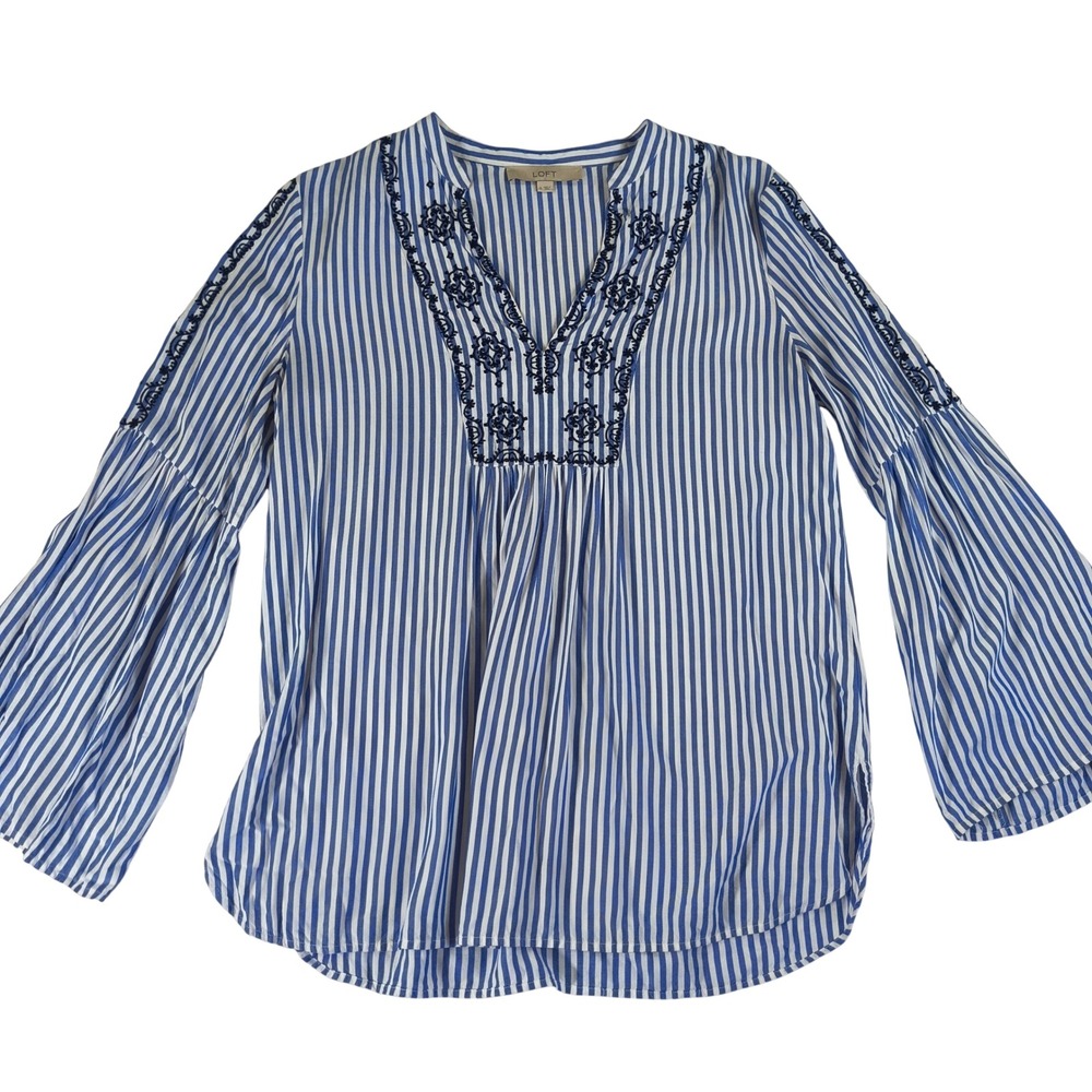 LOFT Blue White Striped Embroidered V-Neck Bell Sleeve Blouse Womens Small Rayon